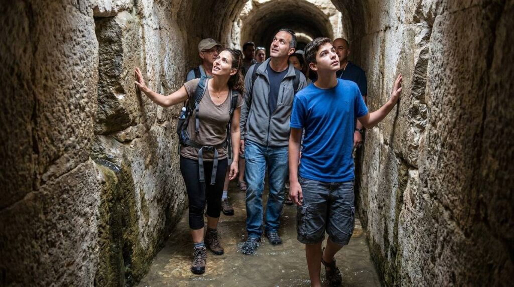Diverse tourists exploring Hezekiah's Tunnel in Jerusalem with curiosity.