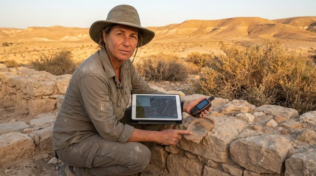Israeli archaeologist examines ruins in Negev Desert with map and GPS.