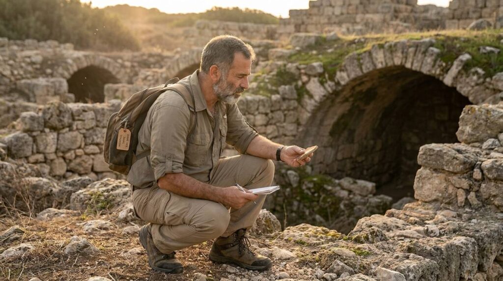 Israeli historian examining ancient ruins in soft afternoon light.