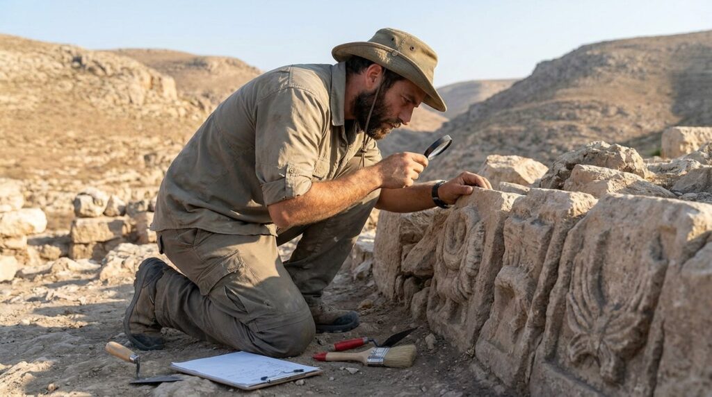 Israeli archaeologist examining ancient stone ruins near Samaria in morning light.