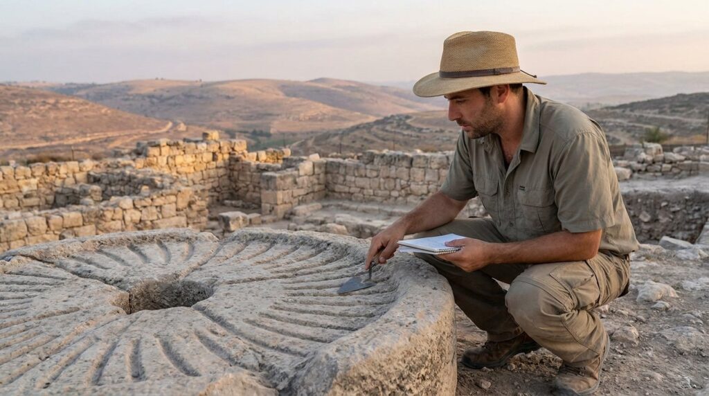 Archaeologist examines ancient olive oil presses in Mareshah with Judean hills background.