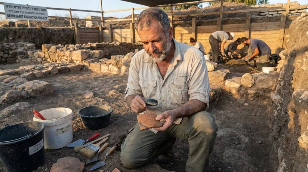 Israeli archaeologist examining pottery shards at Gennesaret excavation site.