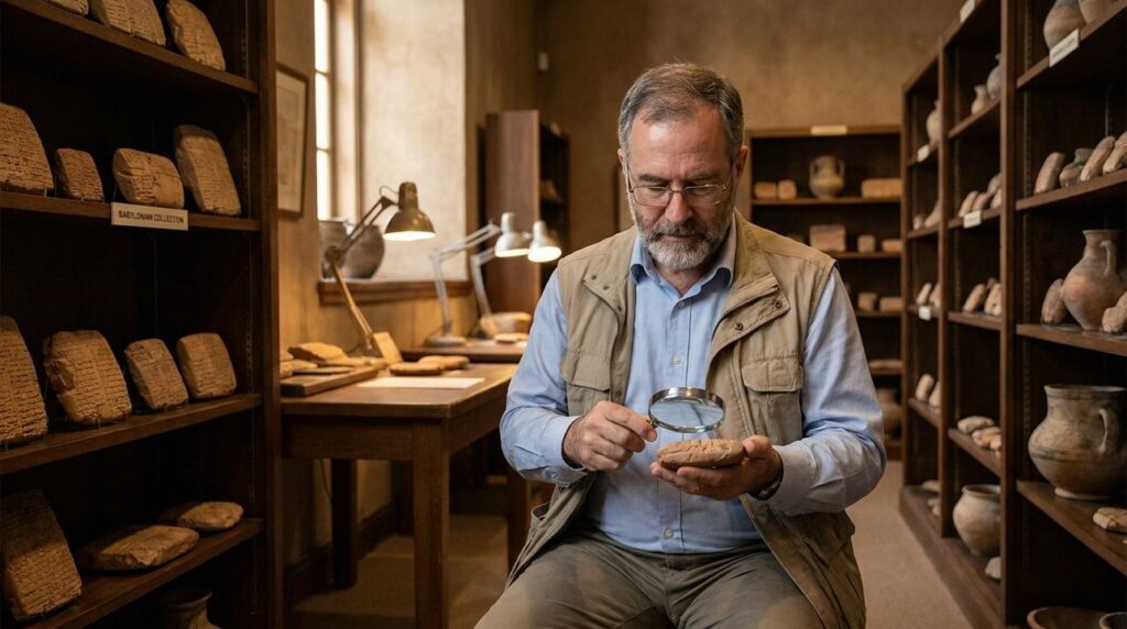 Archaeologist examines clay tablets in a museum resembling Babylon libraries.