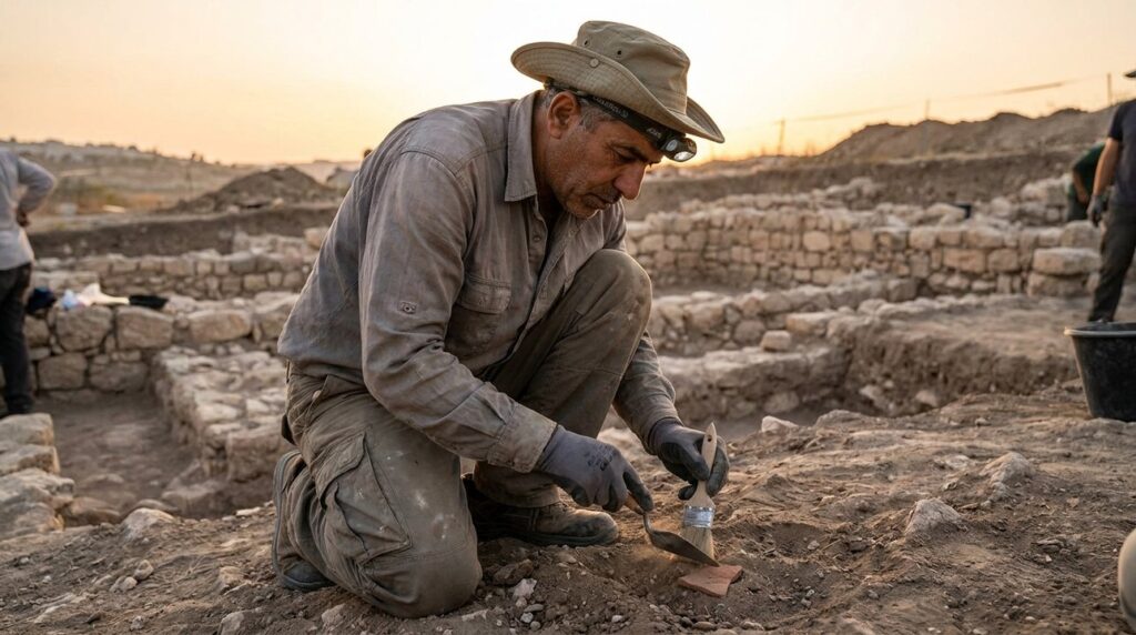 Middle Eastern archaeologist extracting artifact at an excavation site in Israel.