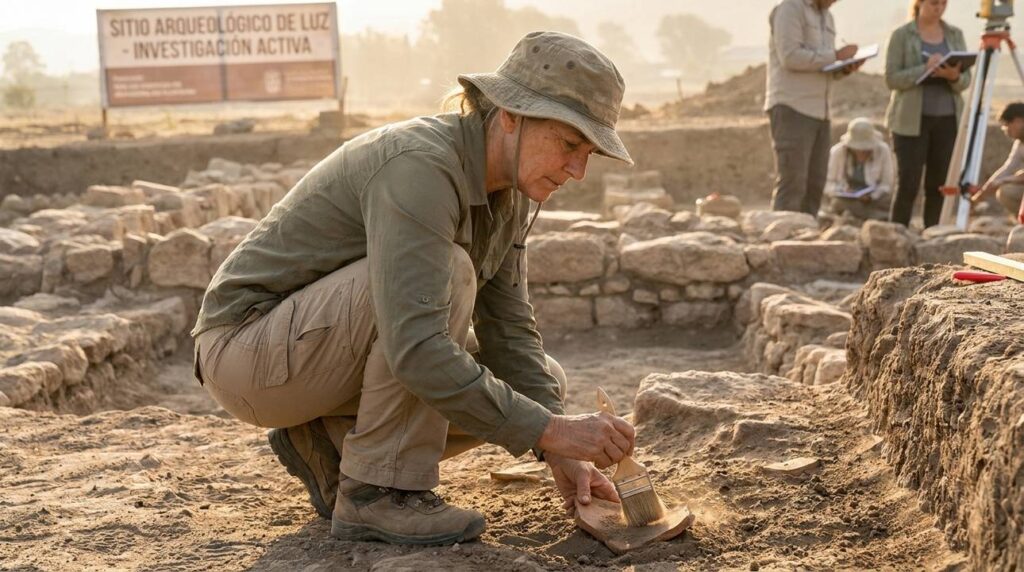 Archaeologist using brush to uncover artifact at ancient site Luz.