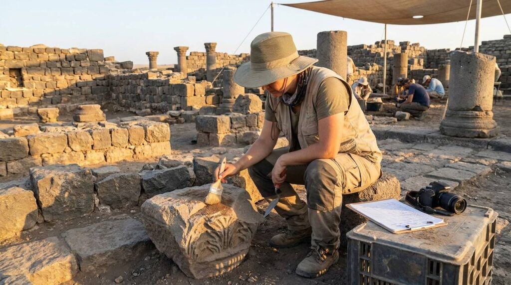 Israeli archaeologist examines ancient ruins at Chorazin with tools.