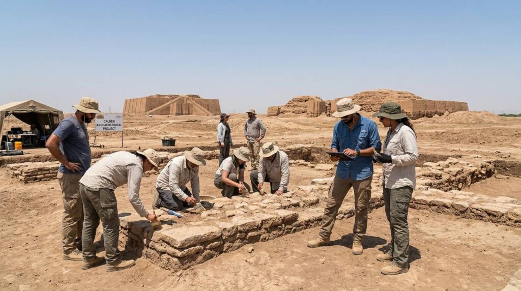 Archaeologists examining ancient Calneh ruins with tools and digital tablets.