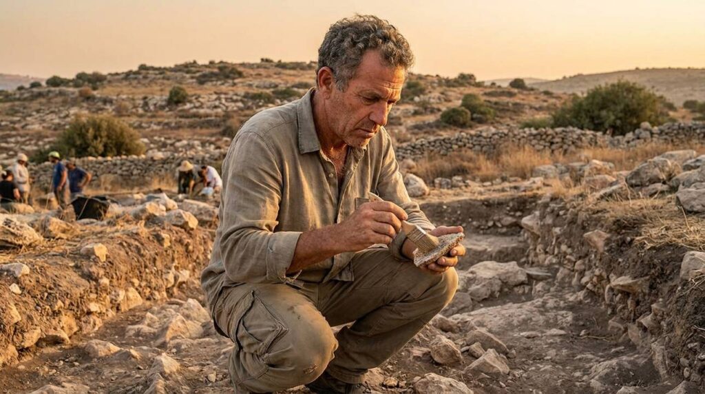 Israeli archaeologist examines ancient artifacts at En-hakkore in evening light.