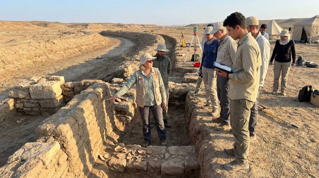 Diverse archaeologists examining ruins at Kebar Canal site.