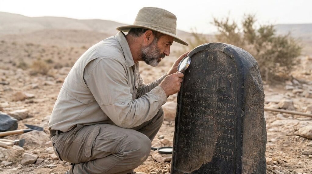 Israeli archaeologist examines Mesha Stele in outdoor Jordanian site.
