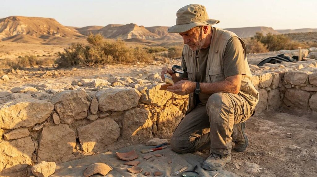 Israeli historian examines artifacts at archaeological site in desert.