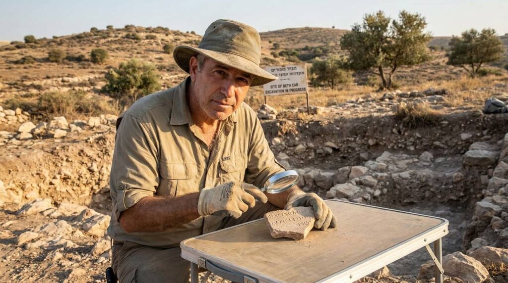 Middle-aged Israeli archaeologist examines stone fragments at Beth Car site.