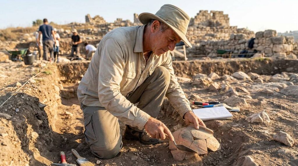 Israeli archaeologist examines pottery shards at Giloh site in sunlight.