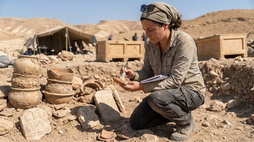 Israeli archeologist examines artifacts at a dig site in Israel.