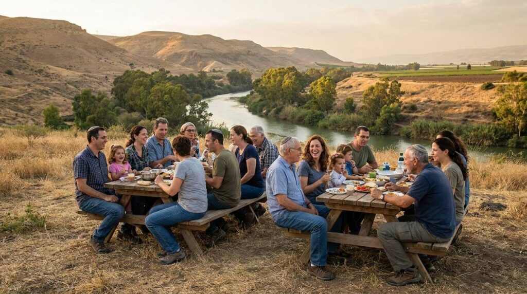 Israeli family of various ages discussing outdoors by Jordan River.