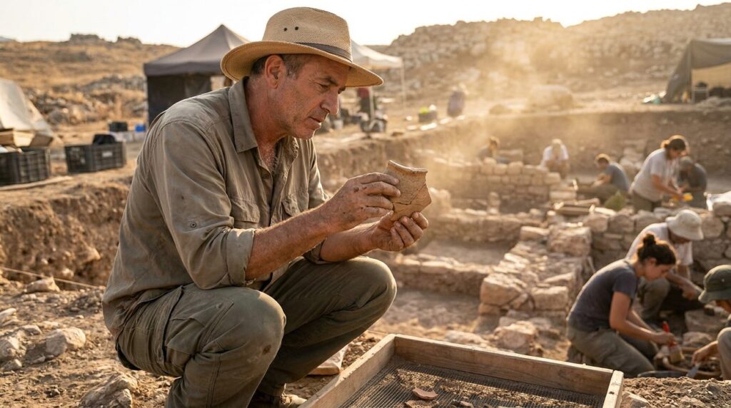 Middle-aged archaeologist examines pottery shards at Hazor excavation site.