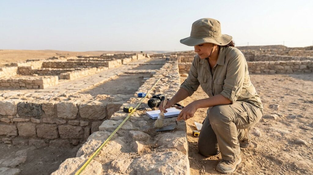 Middle-Eastern archaeologist examines ancient walls at Shunem site.