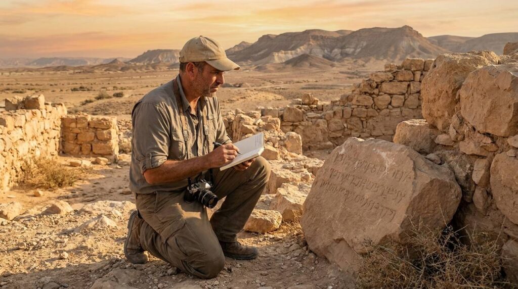 Israeli historian examining ancient ruins in the Negev desert.