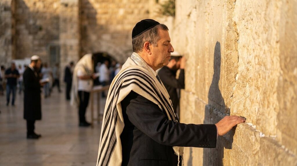 Orthodox Jewish man in traditional attire praying at Western Wall.