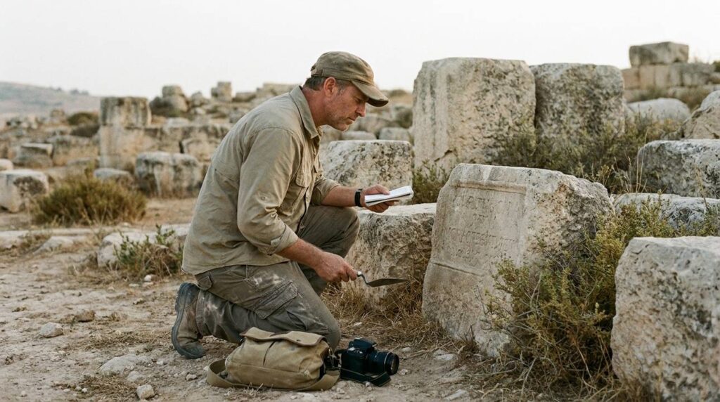 Israeli archaeologist examining ancient ruins in Ophrah with a notebook.