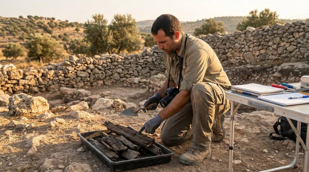 Israeli archaeologist documenting cedar wood fragments near Jerusalem.