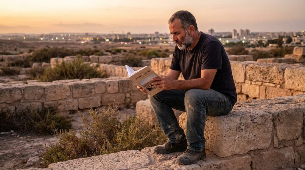 Israeli man reads a book on ancient stone at sunset.