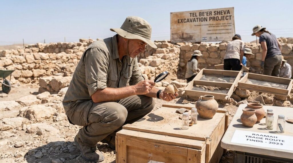 Archaeologist examining spice trade artifacts at desert site in Israel.