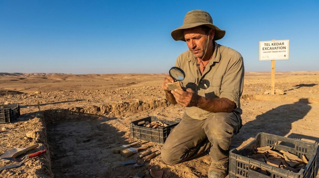 Israeli archaeologist examines artifacts at Negev desert dig site.