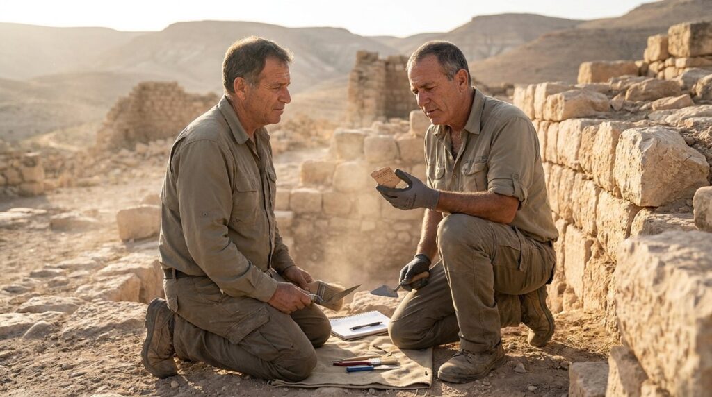 Israeli archaeologist examines ancient ruins at Bozrah in morning light.