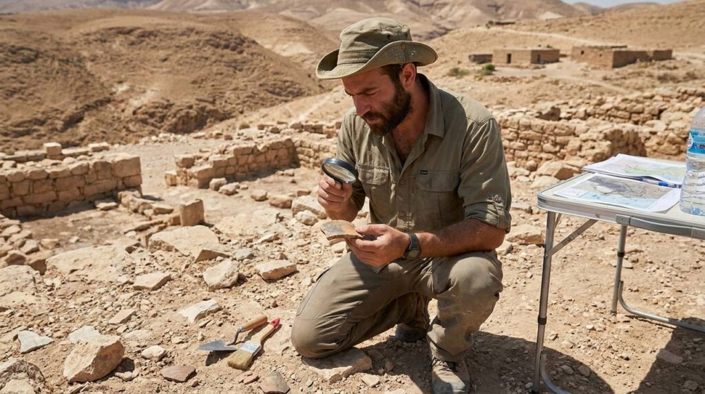 Israeli archaeologist examines ancient ruins with tools and pottery fragments.