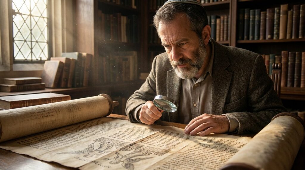 Israeli academic studying ancient manuscript in a library with soft light.