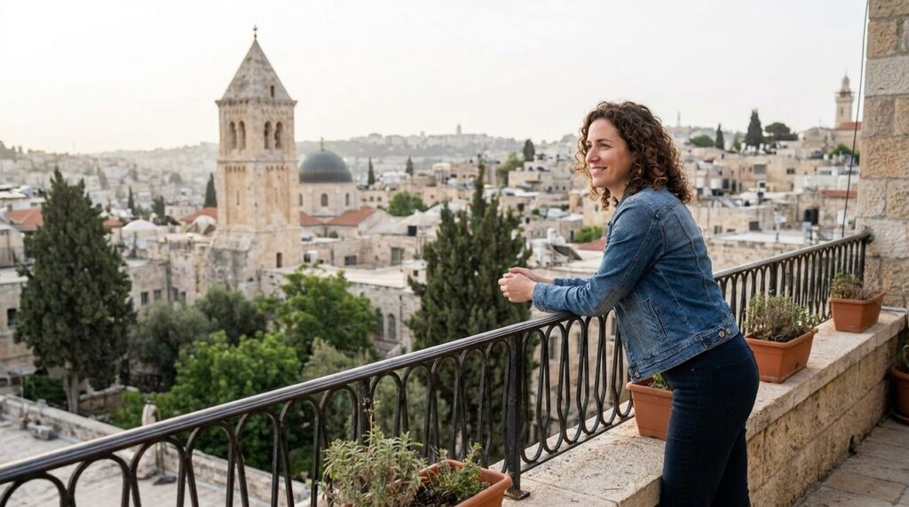 Israeli woman on balcony overlooking Jerusalem cityscape with Hananel Tower.