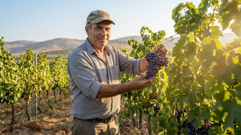 Middle-aged Israeli farmer inspecting grapes in sunlit vineyard.