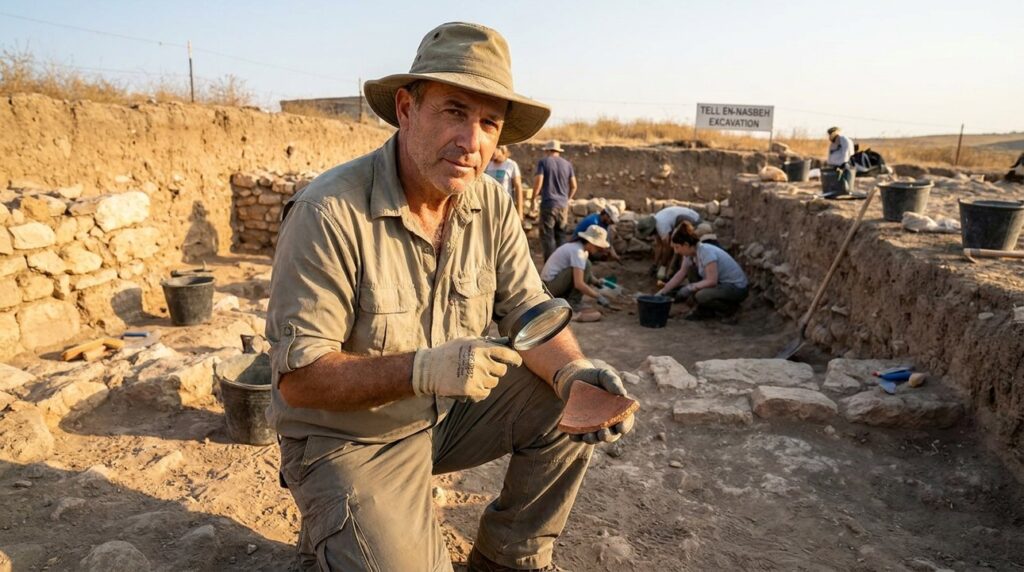 Israeli archaeologist examines pottery shards at Tell en-Nasbeh dig site.