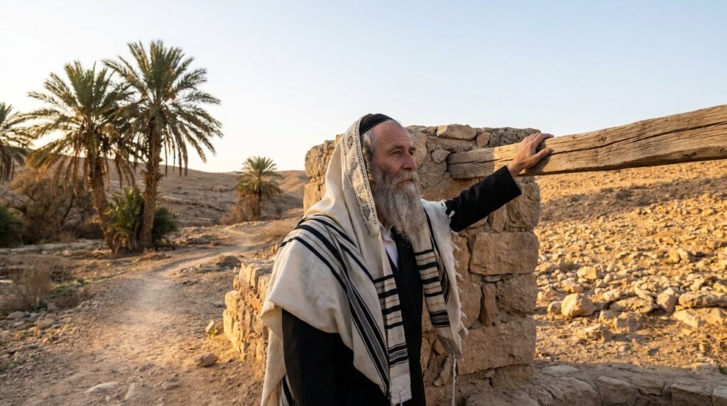 Orthodox Jewish man in talit and kippah at Beer Lahai Roi.