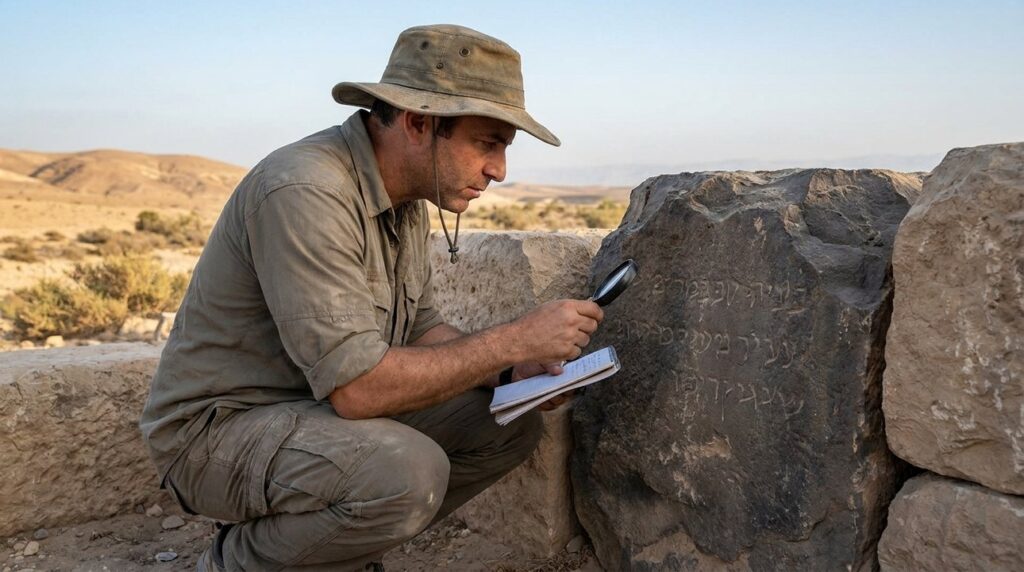 Israeli archaeologist examines ancient inscriptions in Negev desert.