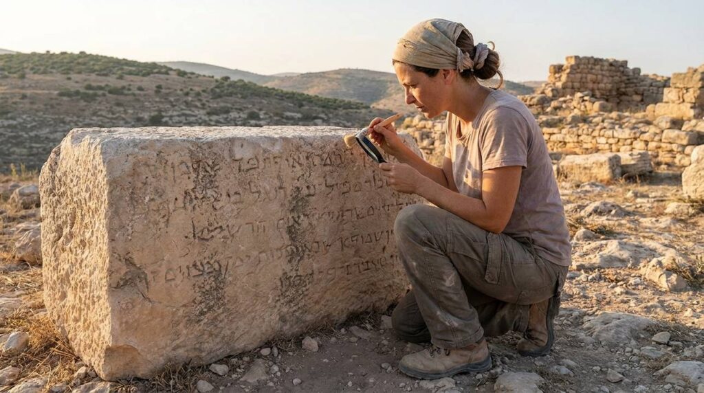 Israeli archaeologist examines ancient inscriptions in rugged terrain at sunset.