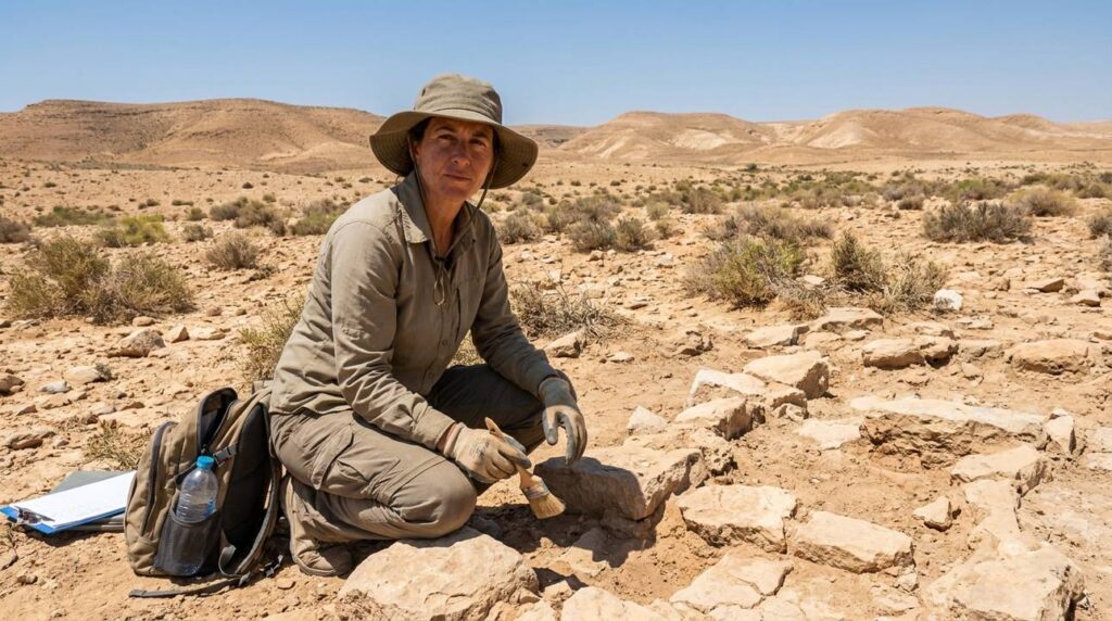 Israeli archaeologist examining ancient ruins in the Negev Desert.
