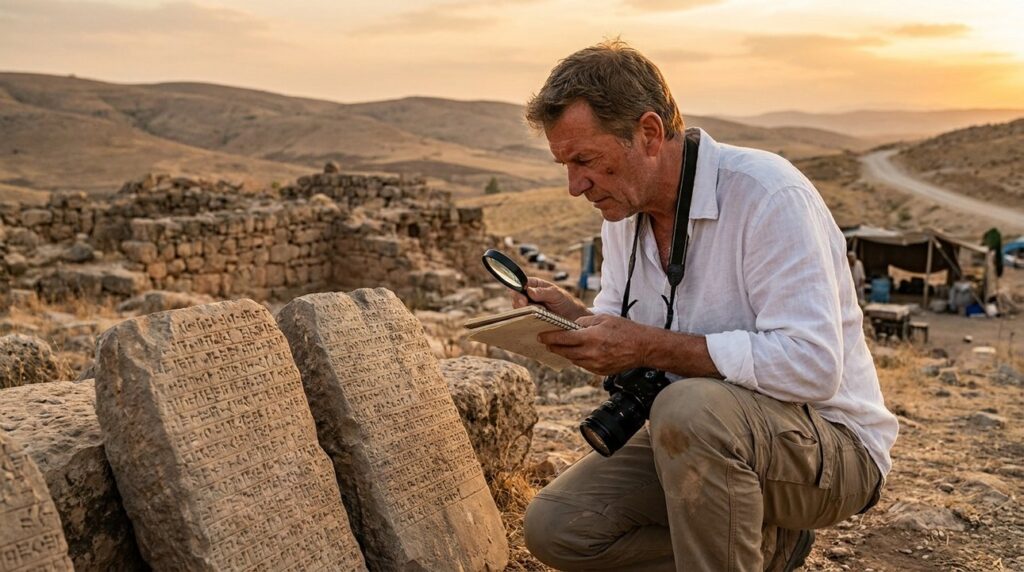 Israeli archaeologist examines stone inscriptions in Paddan-Aram at sunset.