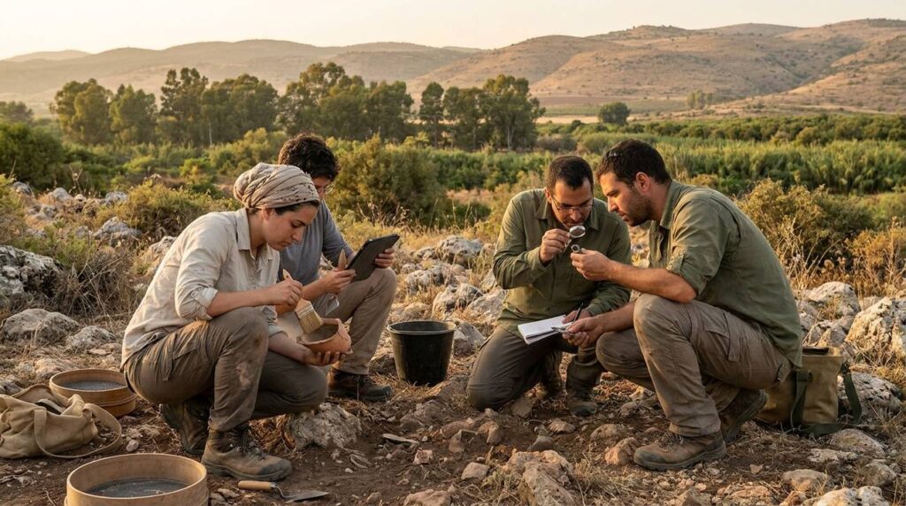 Israeli archaeologists examining artifacts near Metula, lush green backdrop.