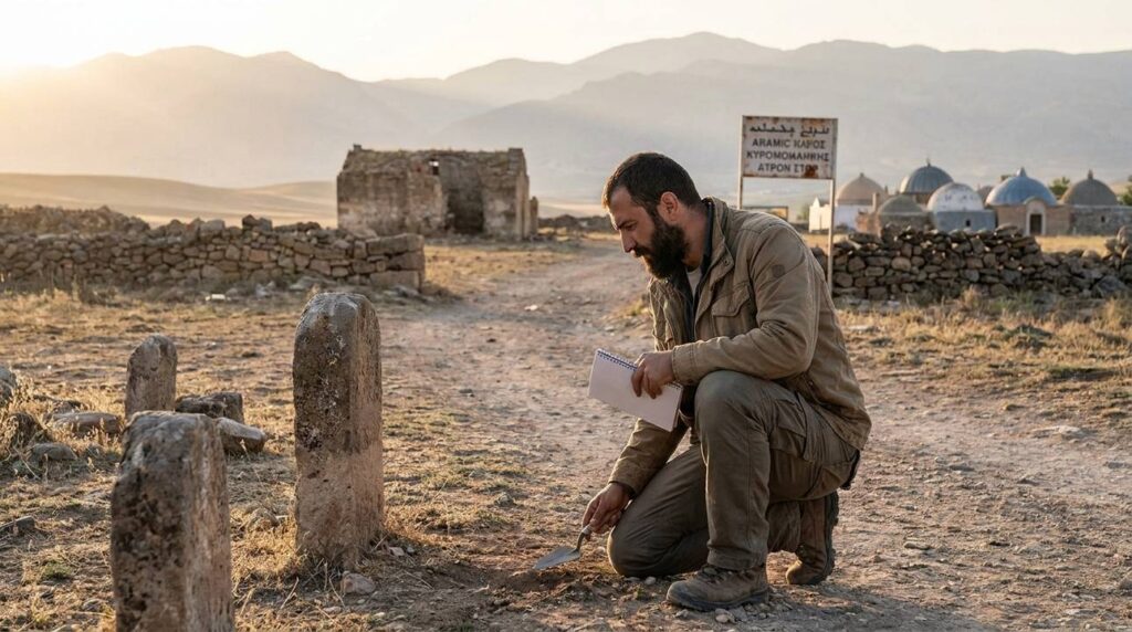 Archaeologist examines ancient trade route in rugged terrain.