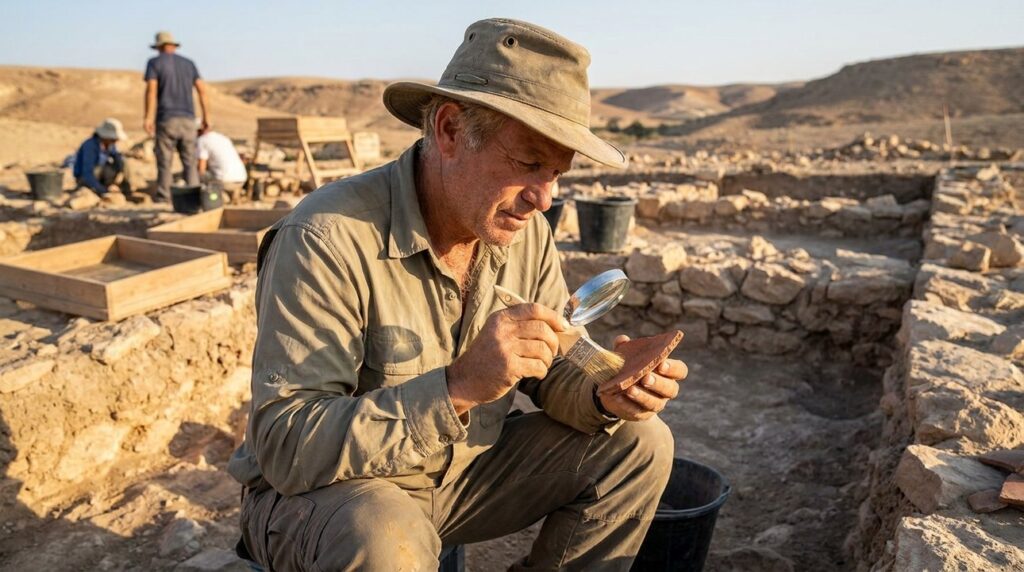 Israeli archaeologist examining pottery at Negev Desert dig site.