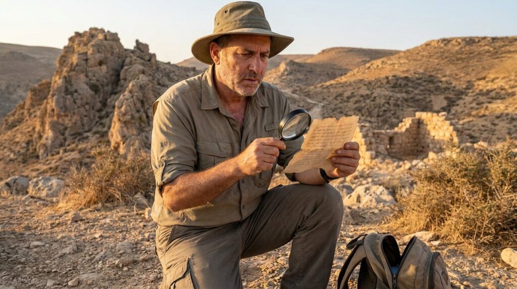 Israeli historian examines ancient scriptures near Mount Amana at sunset.