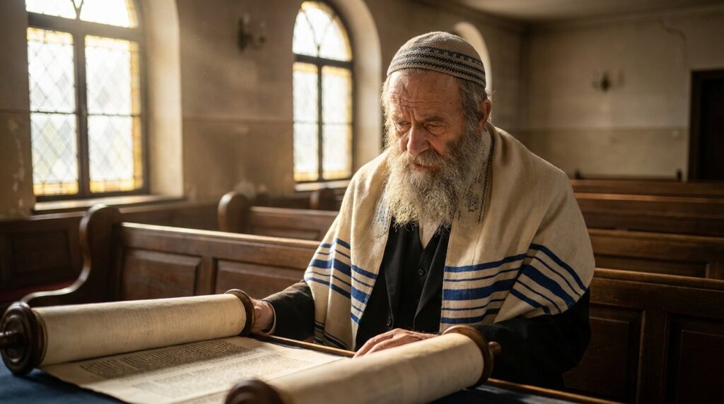 Elderly Jewish man in kippah and talit reading Torah in synagogue.
