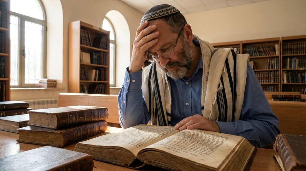 Jewish scholar reading ancient texts in a sunlit library.