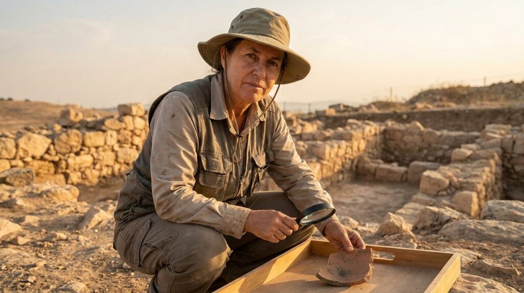Israeli historian examines ancient artifacts at Ophrah archaeological site.