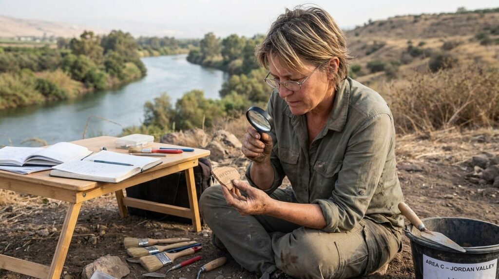 Israeli archaeologist examines pottery near Jordan River at excavation site.