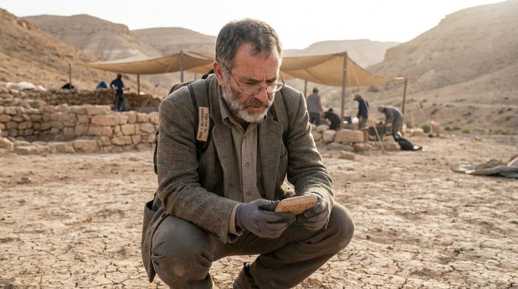 Israeli historian examines ancient artifacts in Negev desert.