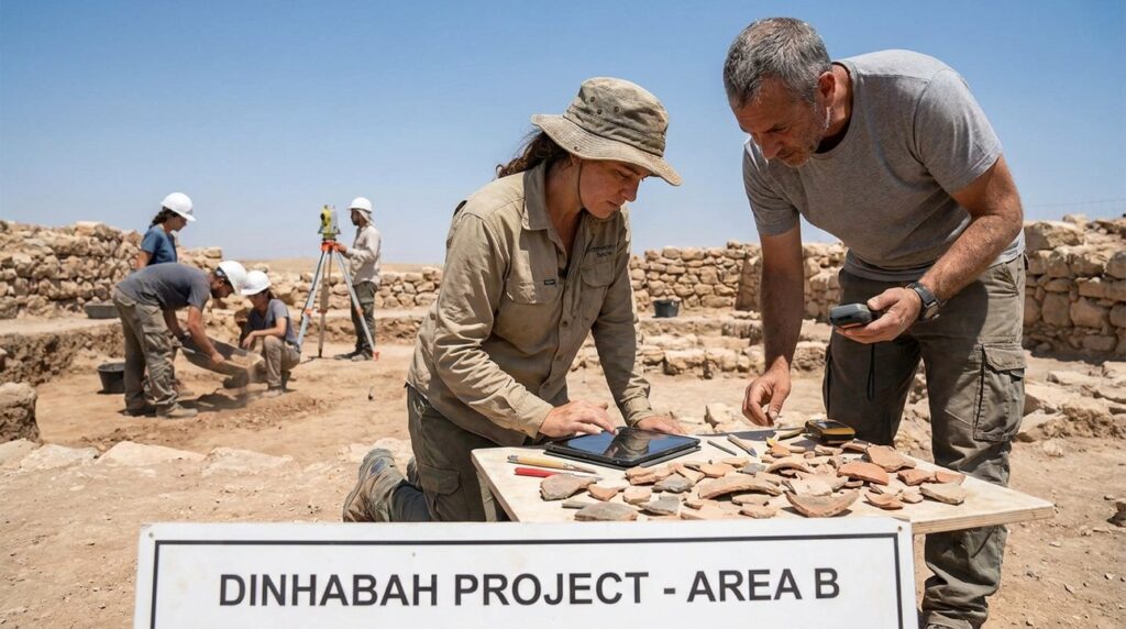 Two Israeli archaeologists examining artifacts with digital tools at a dig site.