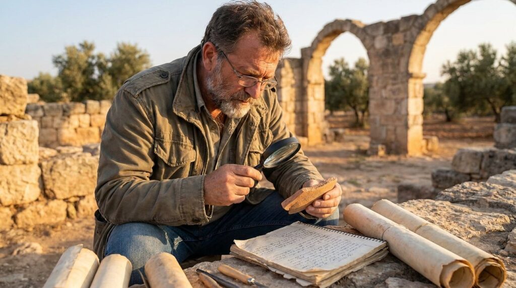 Israeli historian examines artifacts at Gilead ruins, surrounded by manuscripts.